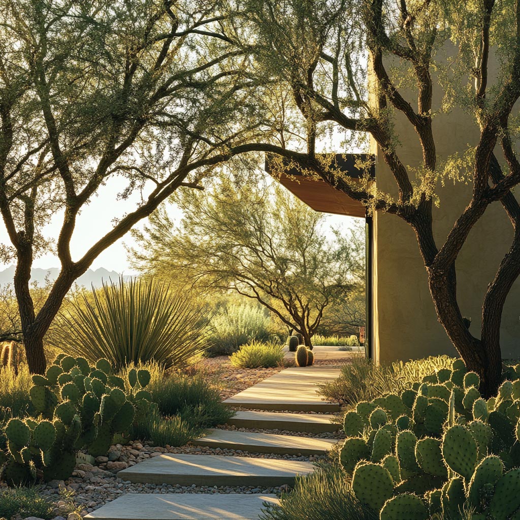 Modern desert landscape with a stone pathway surrounded by cacti, agave, and desert trees, leading to a house partially visible on the right, illuminated by soft golden sunlight.