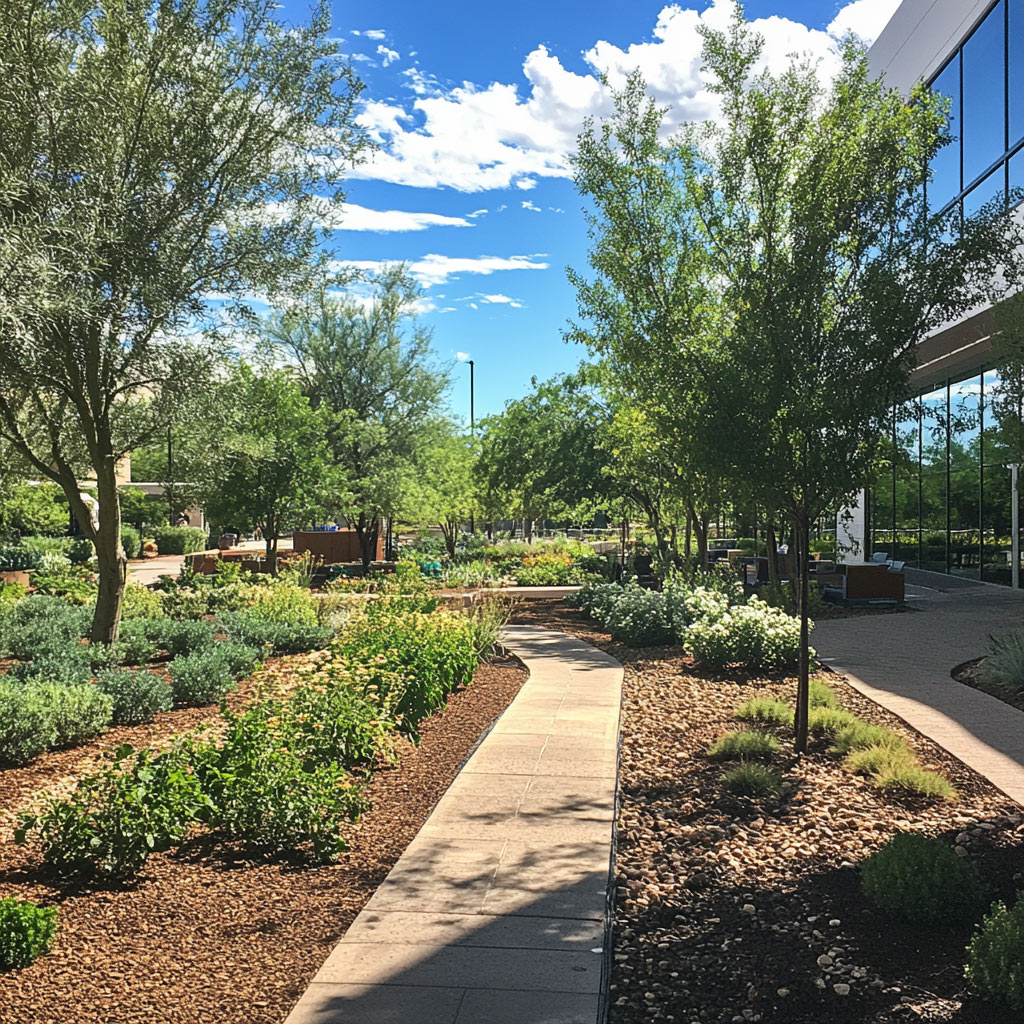 Shaded pathway lined with evenly spaced trees, lush green grass, and trimmed bushes, creating a tranquil and well-maintained park-like setting.