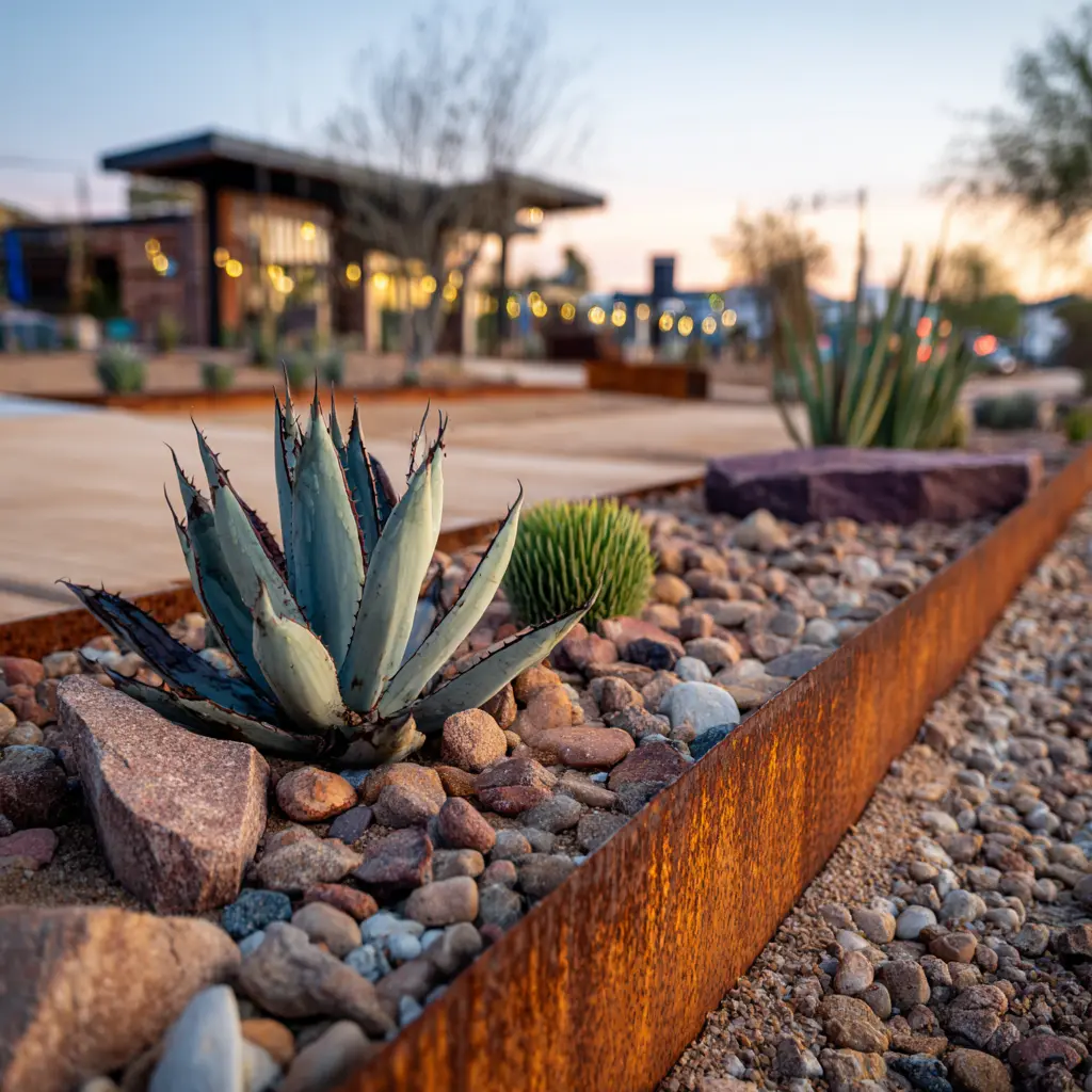 phoenix-commercial-desert-landscaping-agave-steel-edging-dusk