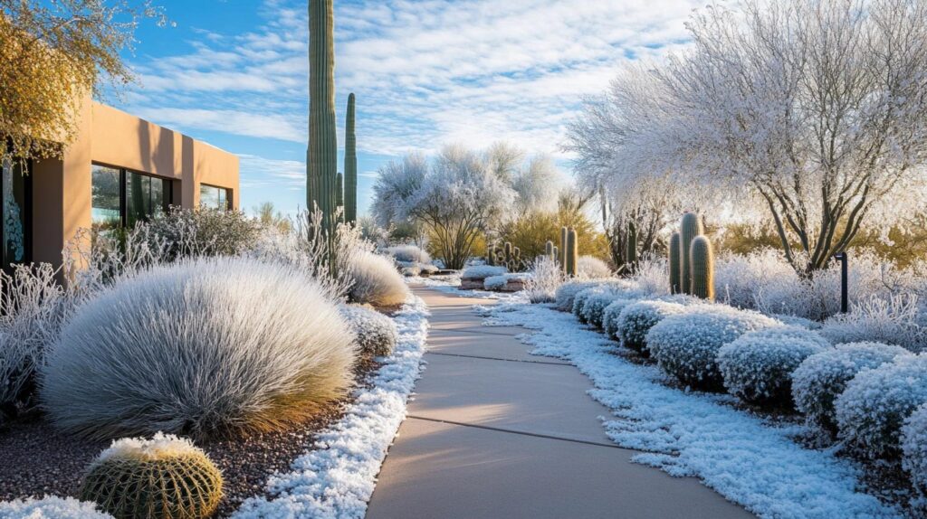Frost-covered ornamental grass in the foreground, with a snow-blanketed suburban yard and houses in the background, illuminated by the golden glow of a sunrise.