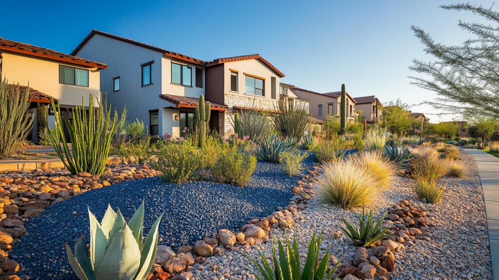 Modern suburban homes with terracotta roofs, featuring xeriscaped front yards with various desert plants, cacti, and decorative rocks under a clear blue sky.