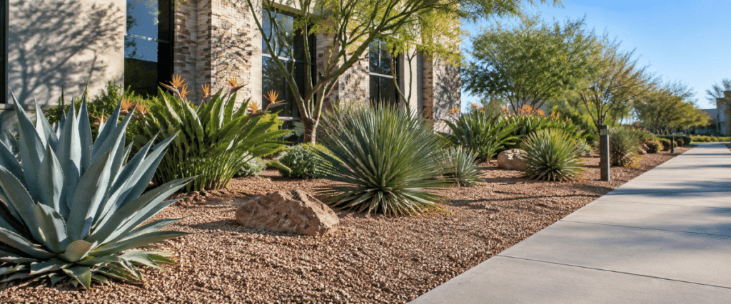 Weed-free decomposed granite beds with desert plants at a commercial property in Phoenix, Arizona.
